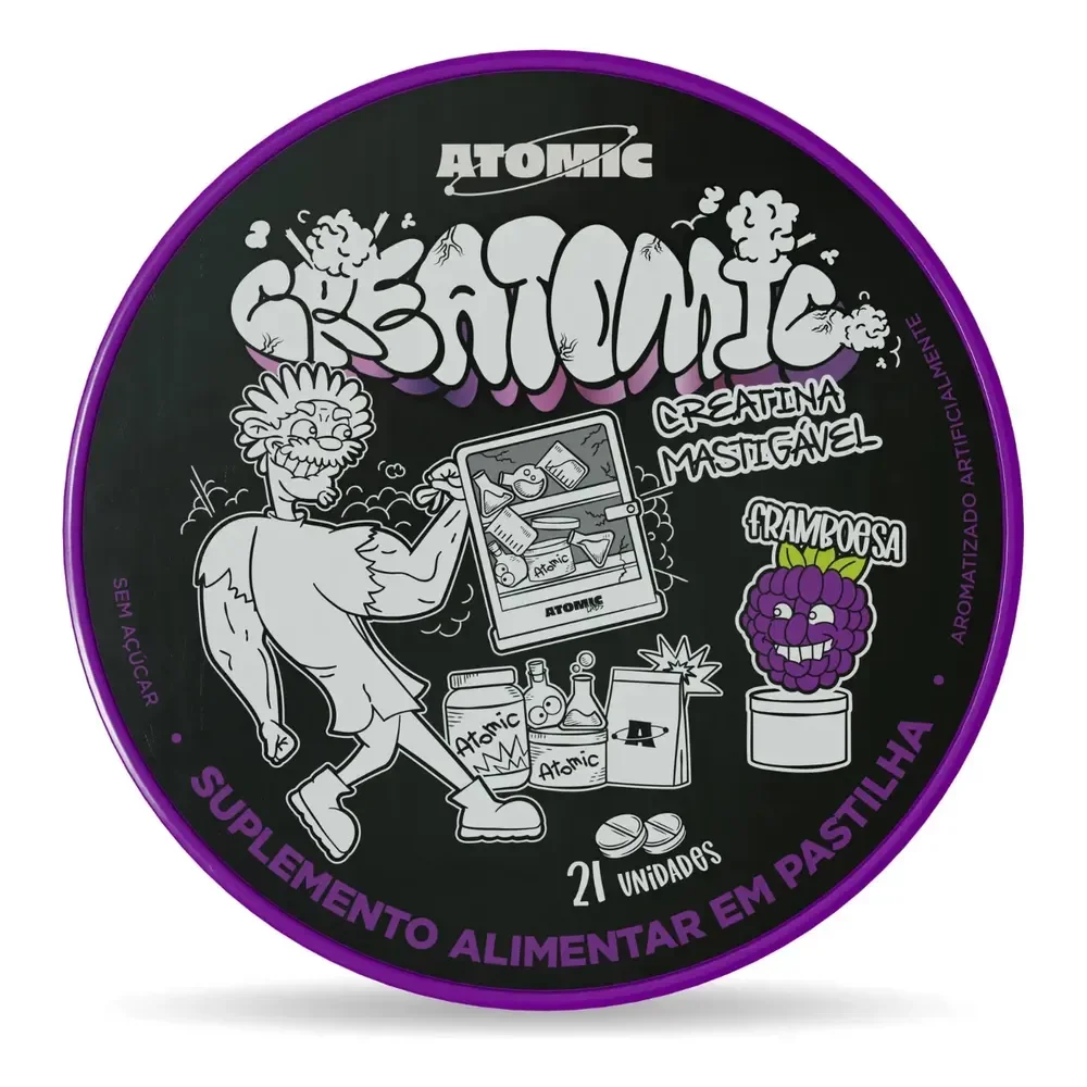 Creatina Mastigável Atomic Labs Creatomic Framboesa 21 Tabletes