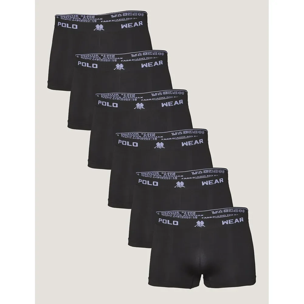 Kit 6 Cuecas Polo Wear Boxer Masculina Preta Preto Liso M