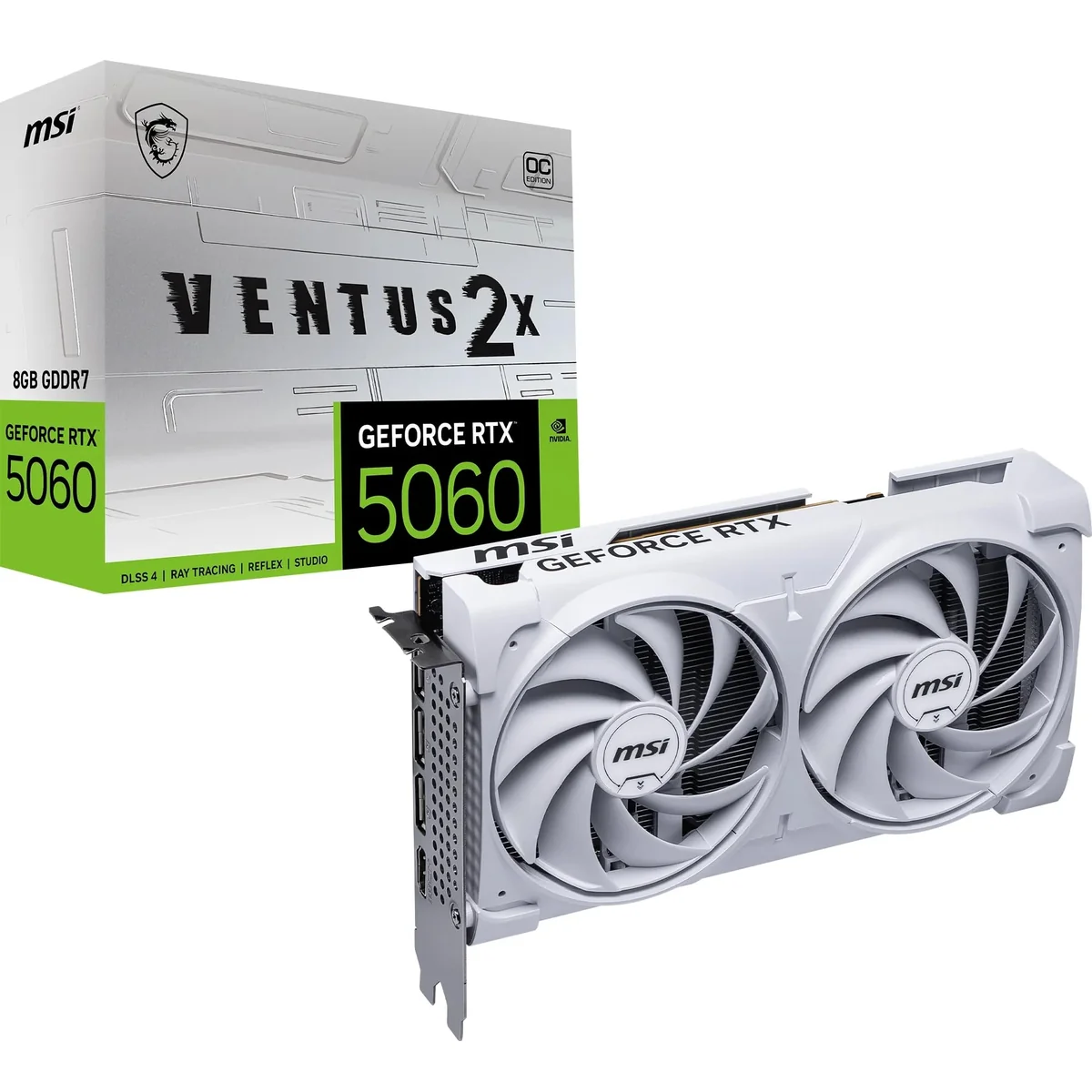 MSI Placa gráfica NVIDIA GeForce RTX 5060 8G Ventus 2X OC branca GDDR7 de 128 bits, frequência de aumento de até 2535MHz, PCIe Gen 5, DLSS 4, DP 2.1 x 3, HDMI 2.1 x 1, SFF Ready