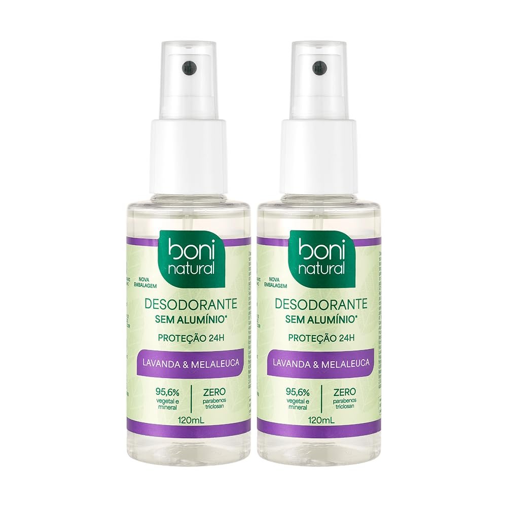 BONI NATURAL - Desodorante Spray Natural e Vegano com Óleos Essenciais de Melaleuca e Lavanda, 24 horas de proteção, Sem Alumínio, Sem Parabenos, Sem Triclosan, 120ml, 2 unidades Leve Mais Pague Menos