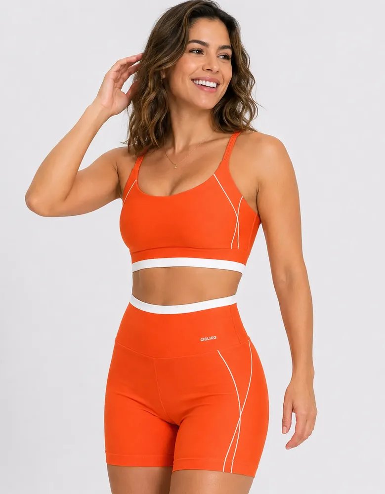 Conjunto Feminino Academia Shorts E Top Alcinha Fitness Laranja Liso G