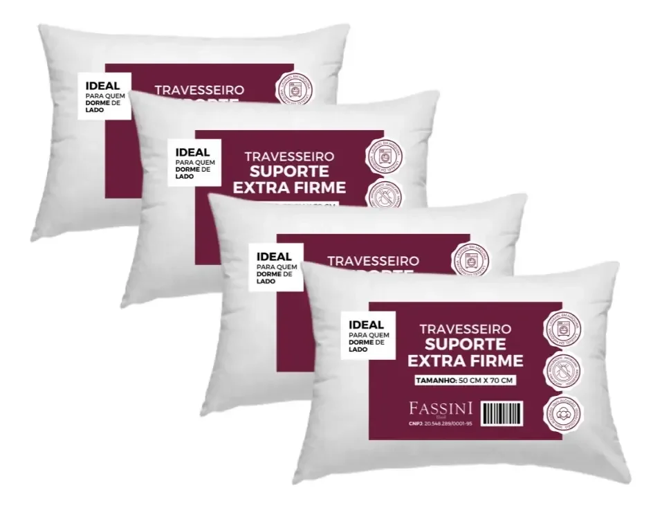 4 Travesseiros 100% Algodão  Fibra Siliconada Extra Firme  Branco Padrão