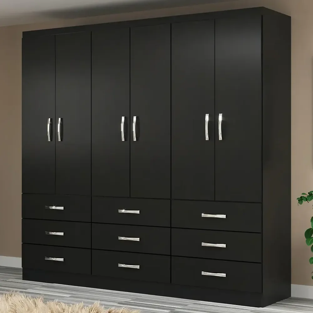 Guarda Roupa Casal 6 Portas 9 Gavetas Bergamo Evidência Cor Preto