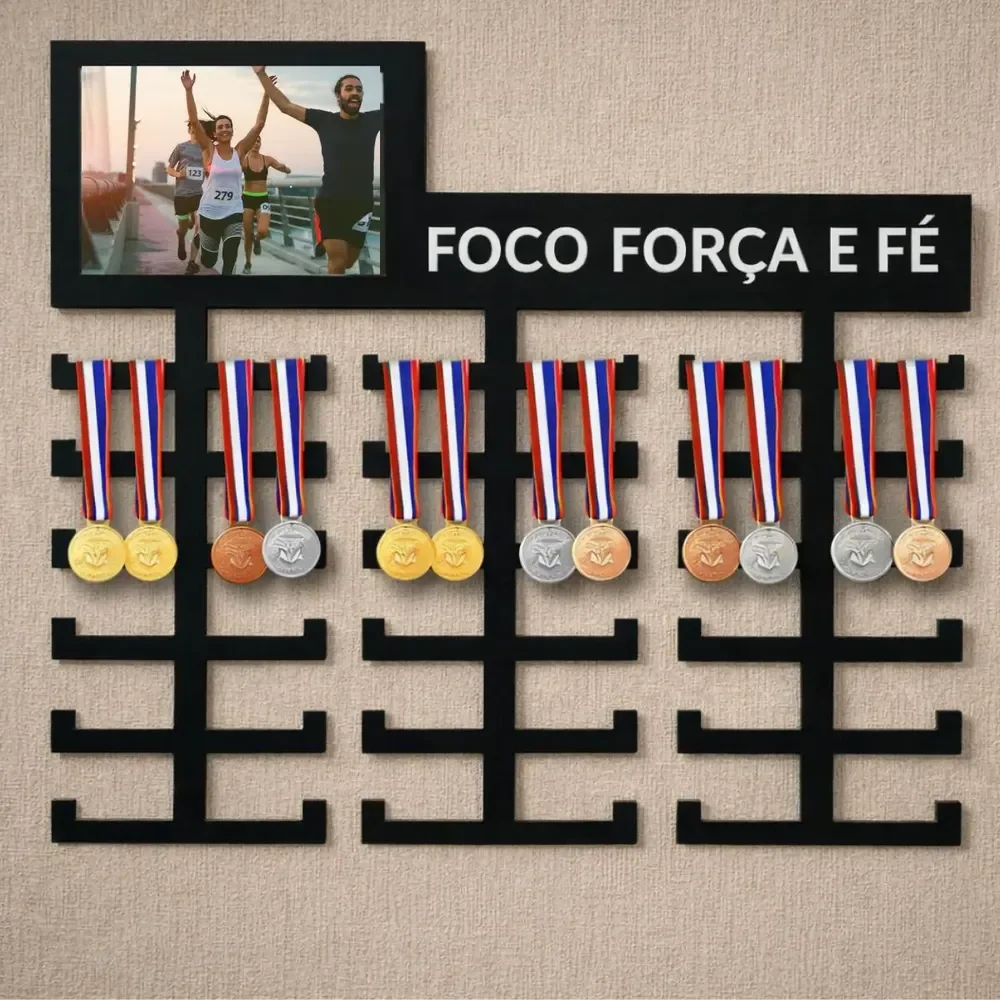 Porta Medalhas Foco Força E Fé Suporte Parede Medalhas Preto