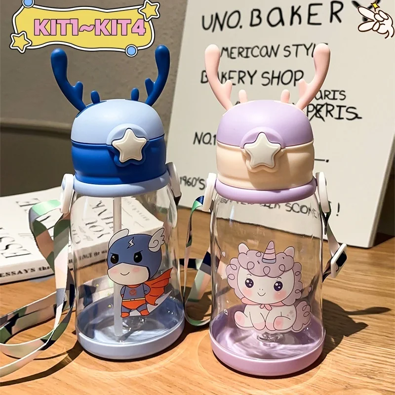 Garrafas De Alce Água Portáti Infantil  600ml Com Canudo e Cordão Copos Desenho Multicolorido Fantasia Para Meninas