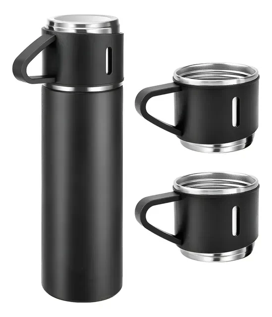 500ml Caneca Kit Garrafa Térmica Vacuum Bottle Inox + 3 Xíca