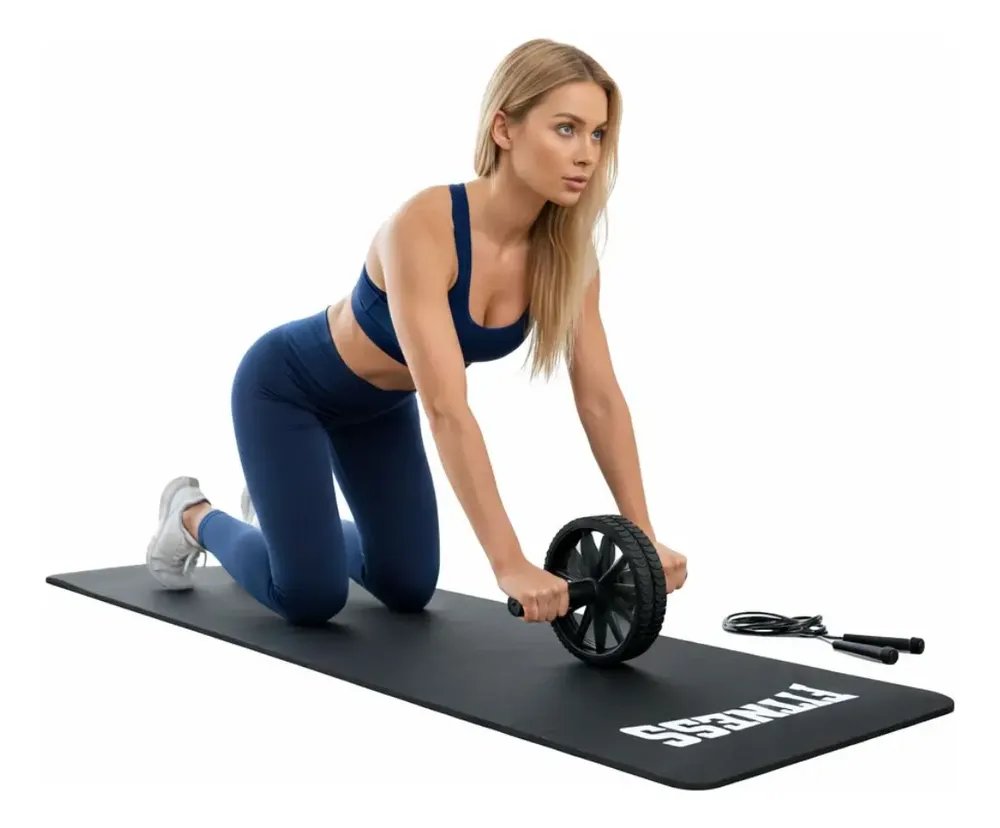Kit Academia Corda Colchonete Roda Abdominal Treino Em Casa Preto
