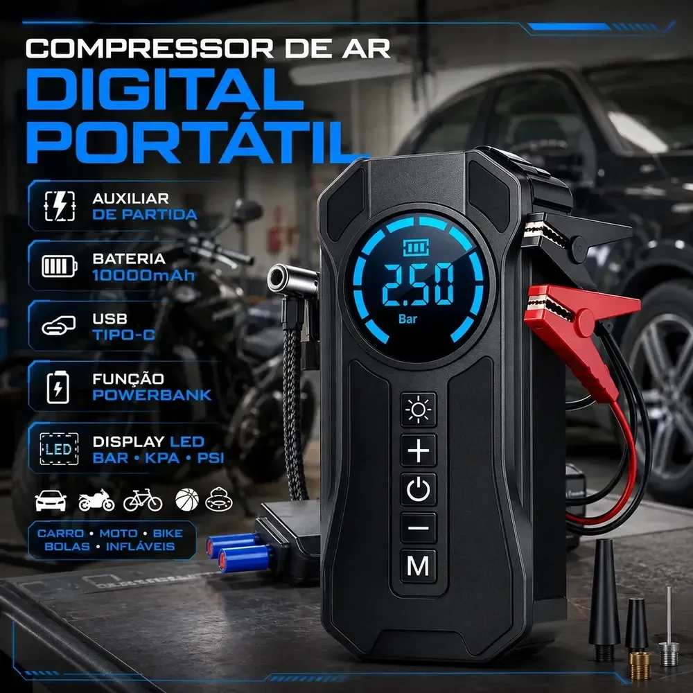Mini Compressor De Ar Portátil Bateria Emergência Ignição Automotiva Potente Preto Compacto