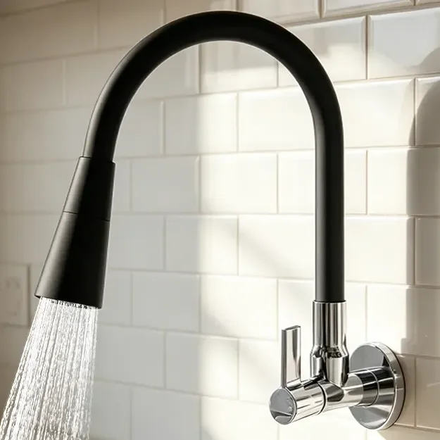Torneira Cozinha Gourmet Parede - Preta/flexivel/duplo Jato Preto Brilhante
