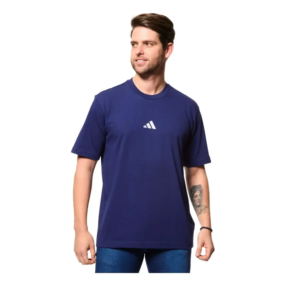 Camiseta Masculina Small Logo adidas Dark Blue Liso G Lisa