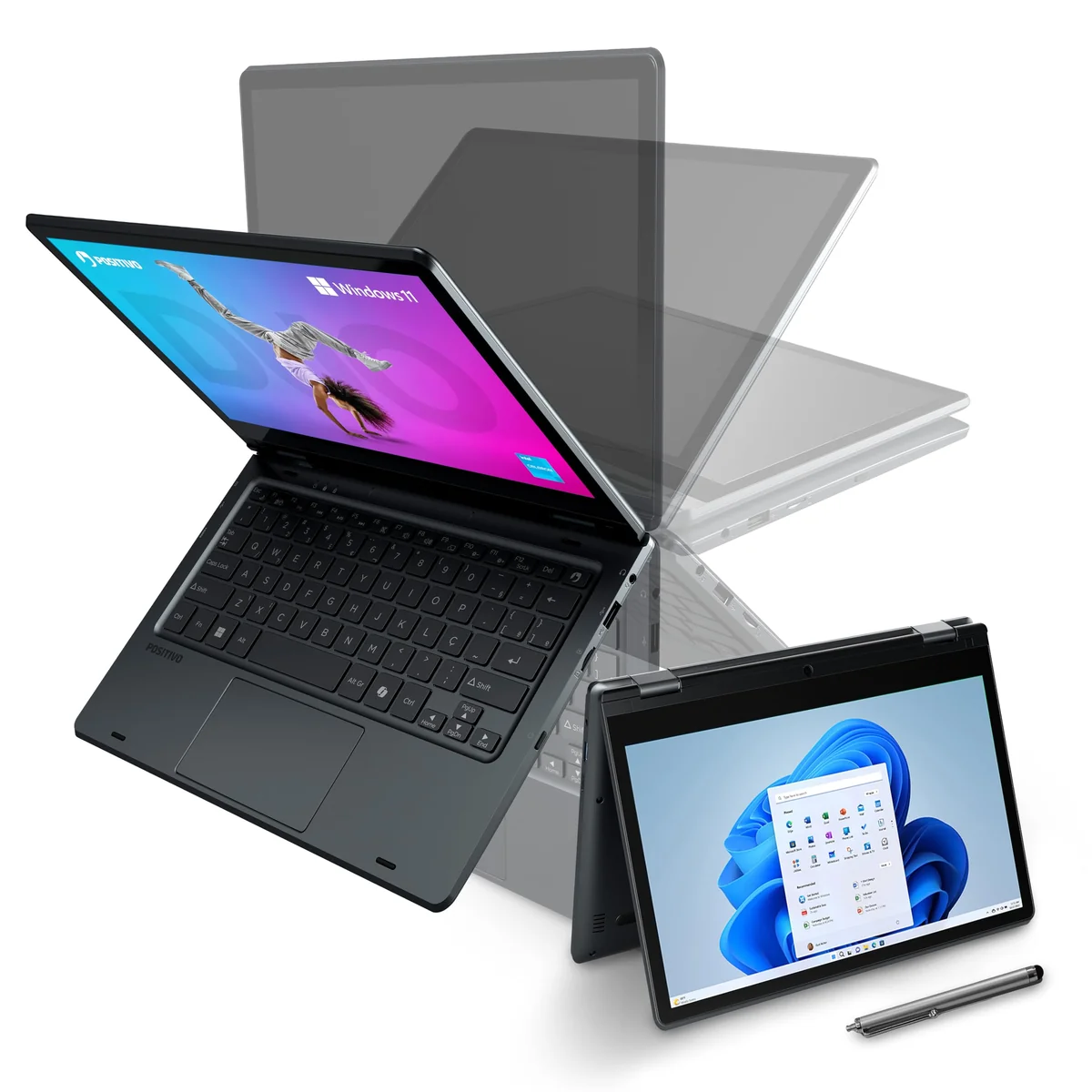 Notebook 2 em 1 Positivo Duo Intel Celeron N4500 8GB RAM 128GB de Armazenamento, Tela 11" HD IPS touch com caneta capacitiva, Windows 11 Home – Cinza – C8128E