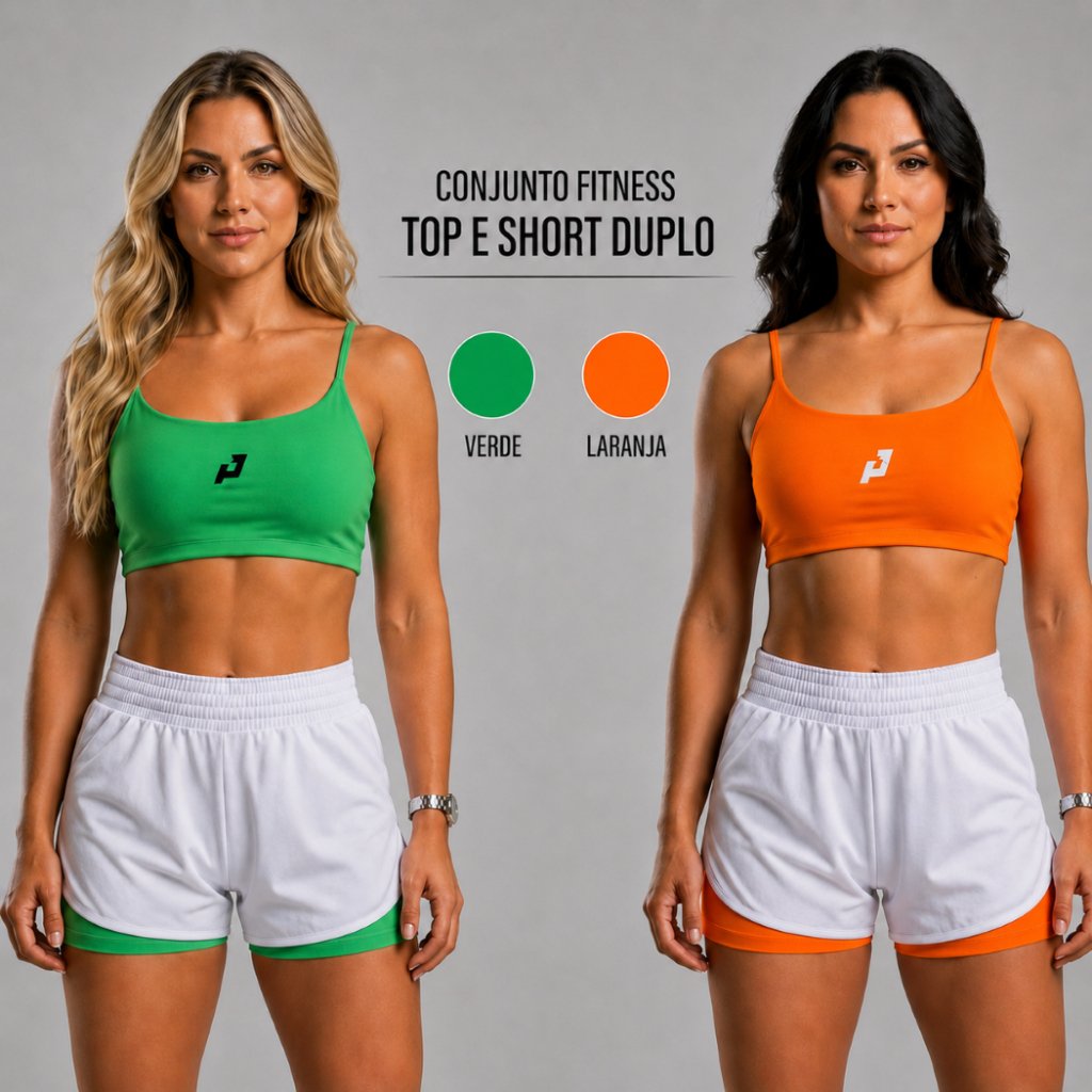 Conjunto Fitness Feminino Top e Short Duplo Corrida Academia Treino Cintura Alta Sem Transparência