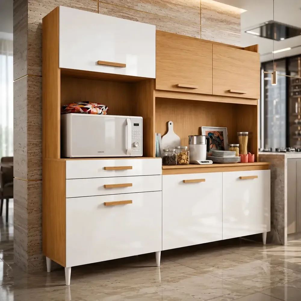 Kit Armário Cozinha Gaveteiro Organizador Selena 180 Completa 6 Portas 2 Gavetas Cinamomo Branco Compacta Moderna