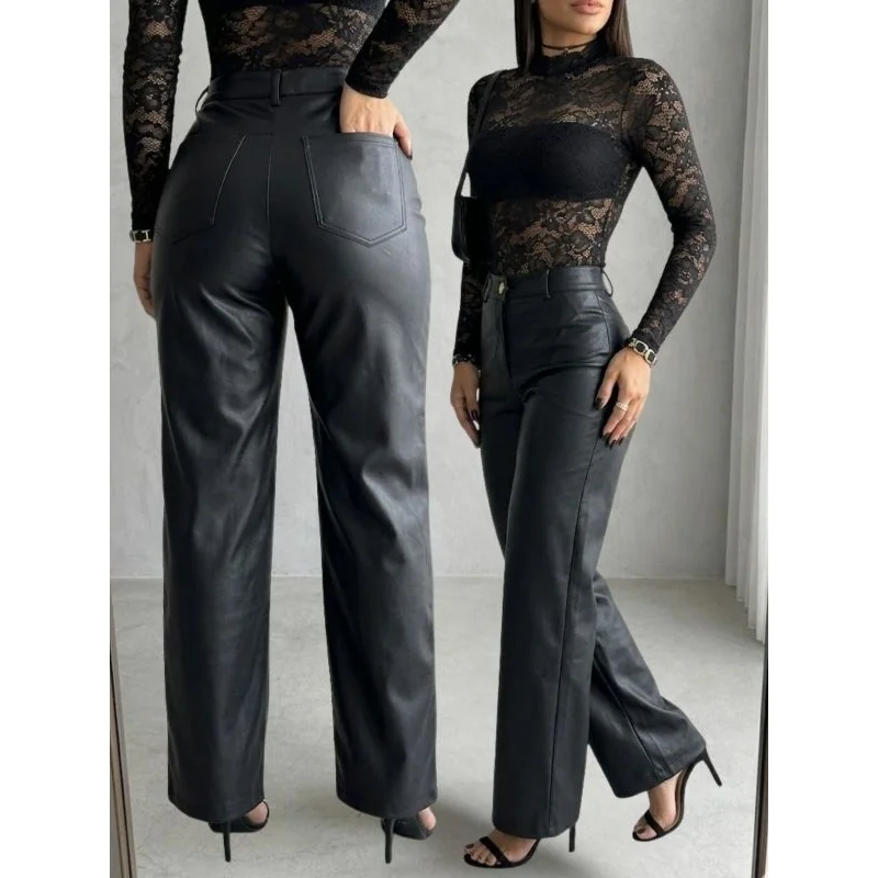 Calça Couro Fake Feminina Cintura Alta Wide Leg Pantalona Couro Ecológico Premium