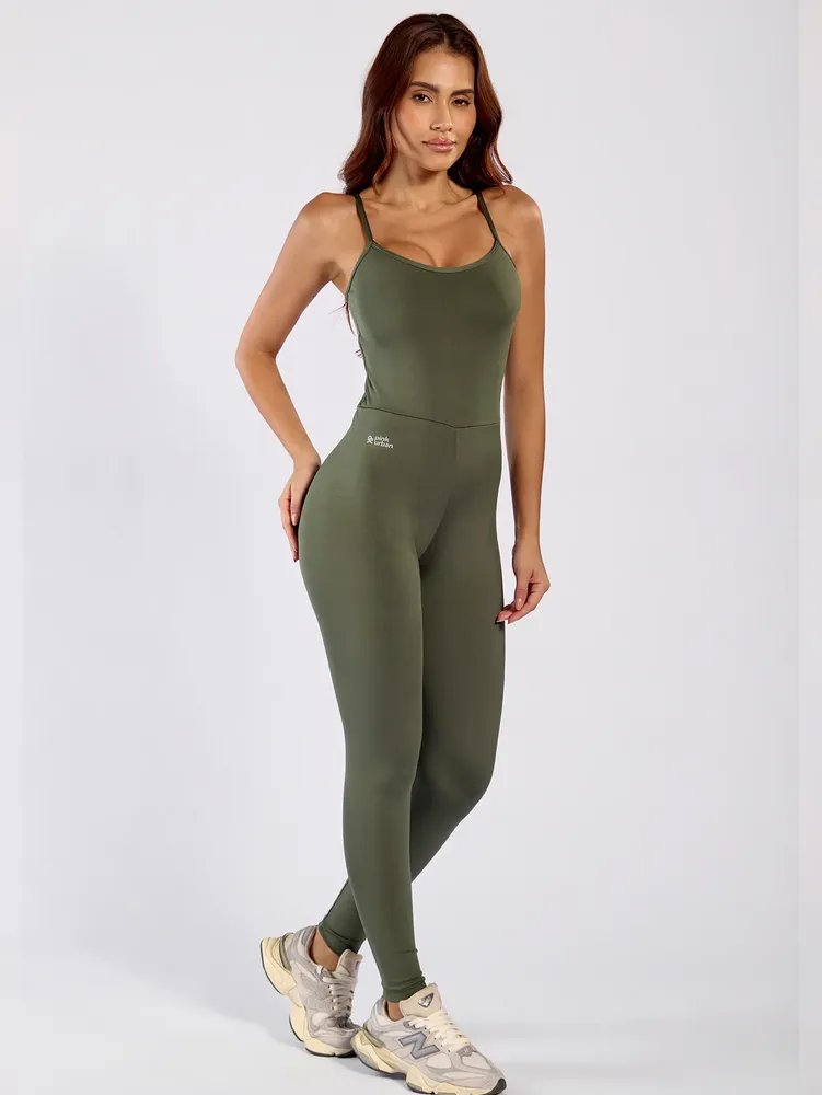 Macacão Academia Fitness Alcinha Slim Blackout Longo Verde Basic P