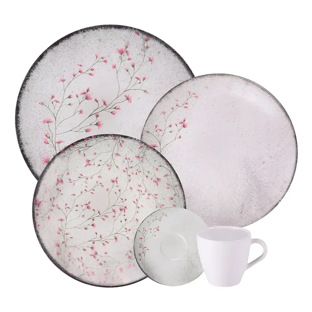 Aparelho De Jantar Tramontina Floralis Porcelana 20 Peças Cinza Florido