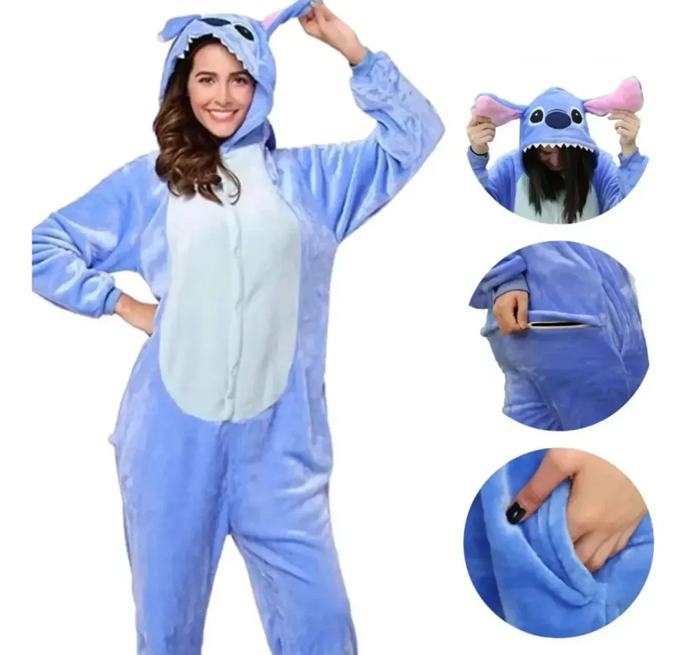Pijama Macacão Kigurumi Adulto Feminino Plush Peluciado Azul M