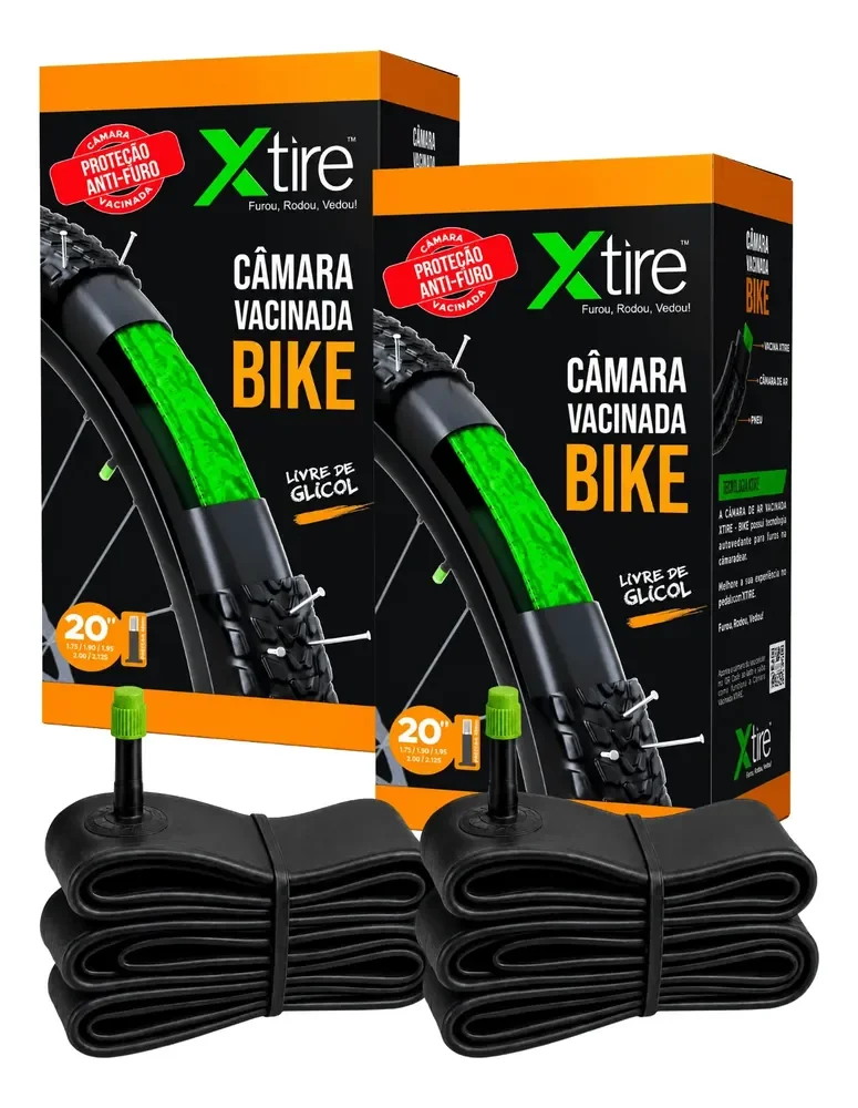 Kit 2 Câmara De Ar Bike Com Selante De Pneu Antifuro Xtire Schrader Preto Aro 20 / Bico Grosso