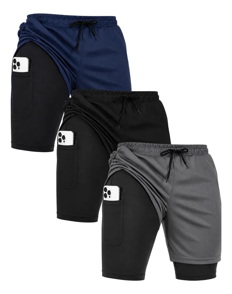 Kit 3 Shorts 2 Em 1 Academia Corrida Bermuda Duplo Com Bolso Preto /cinza /azul Gg