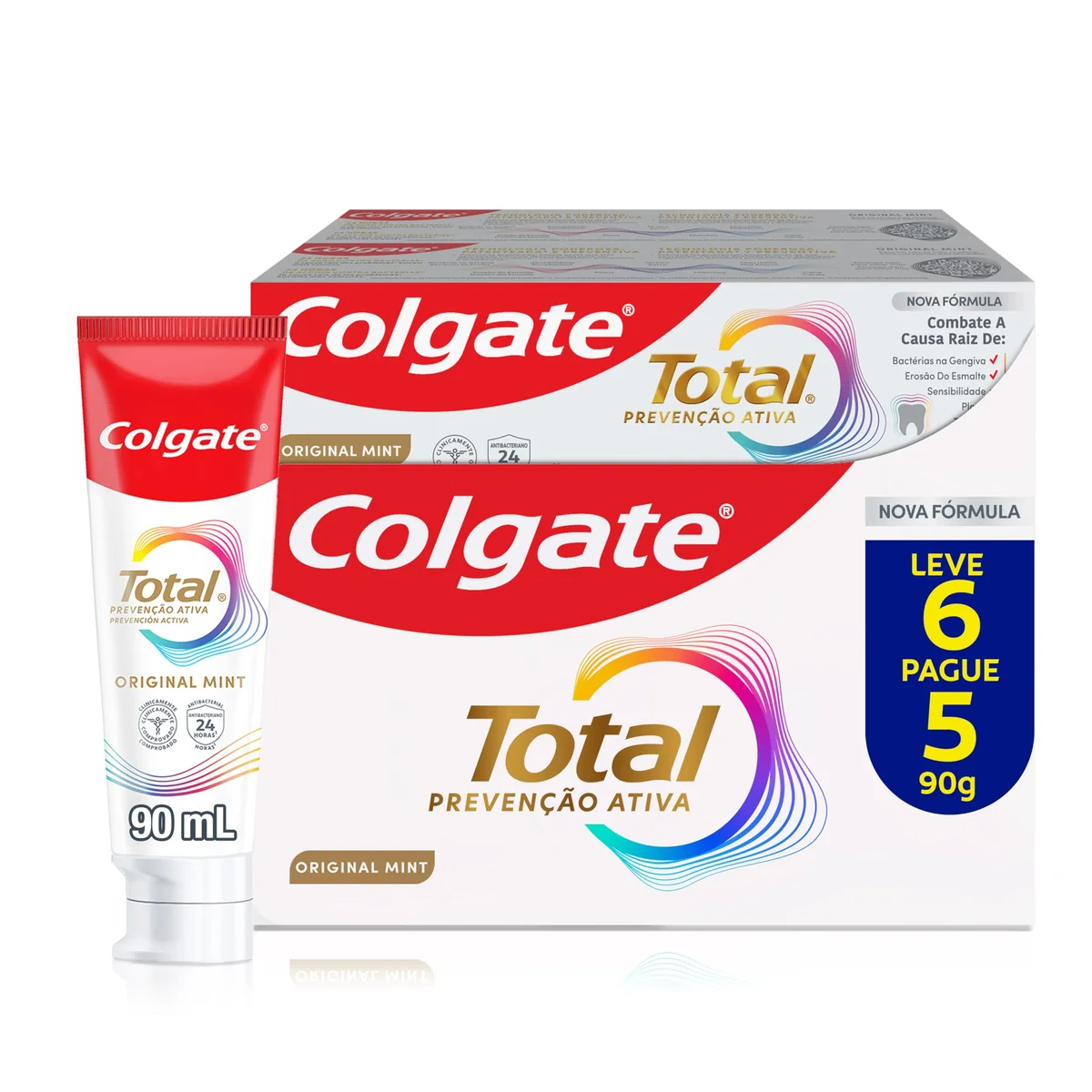 Creme Dental Colgate Total Original Mint, Prevenção Ativa, 24 horas de ação contra bactérias, Anticárie com Flúor, Combate o Mau Hálito, 6x90g