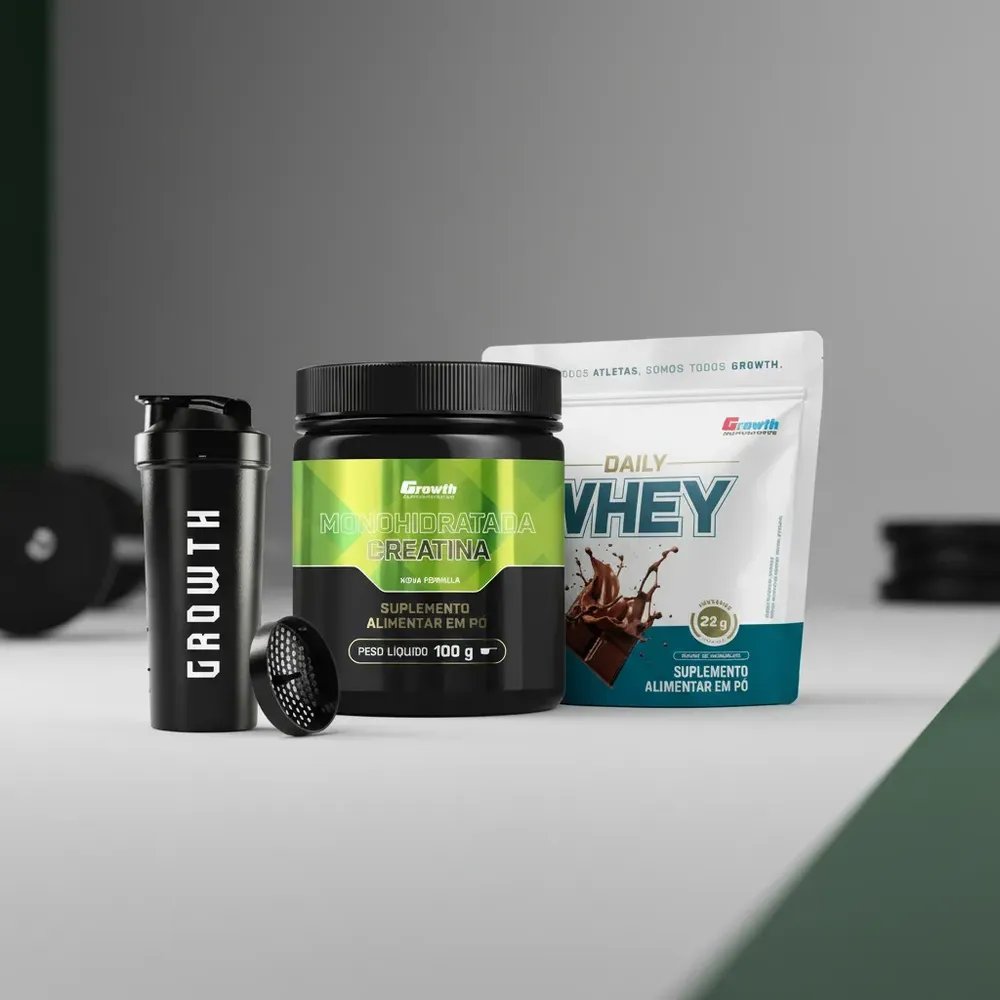 Kit Growth: Daily Whey Protein + Creatina Monohidratada + Coqueteleira