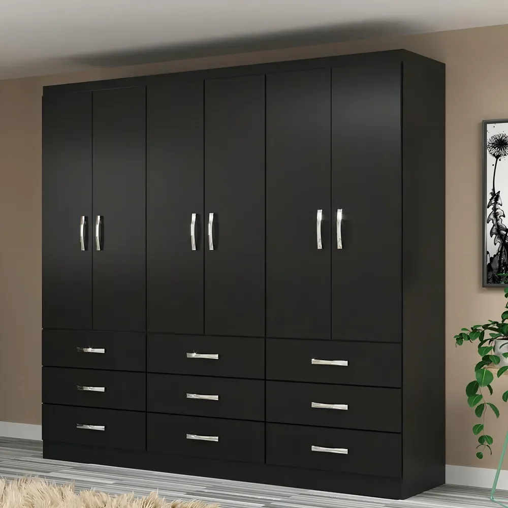 Guarda Roupa Casal 6 Portas 9 Gavetas Bergamo Evidência Cor Preto