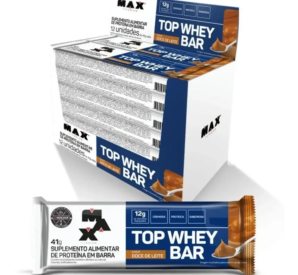 Barra de Proteína 12 Unidades Top Whey Bar Max Titanium Amendoim Alto Proteico Sabor Doce de Leite
