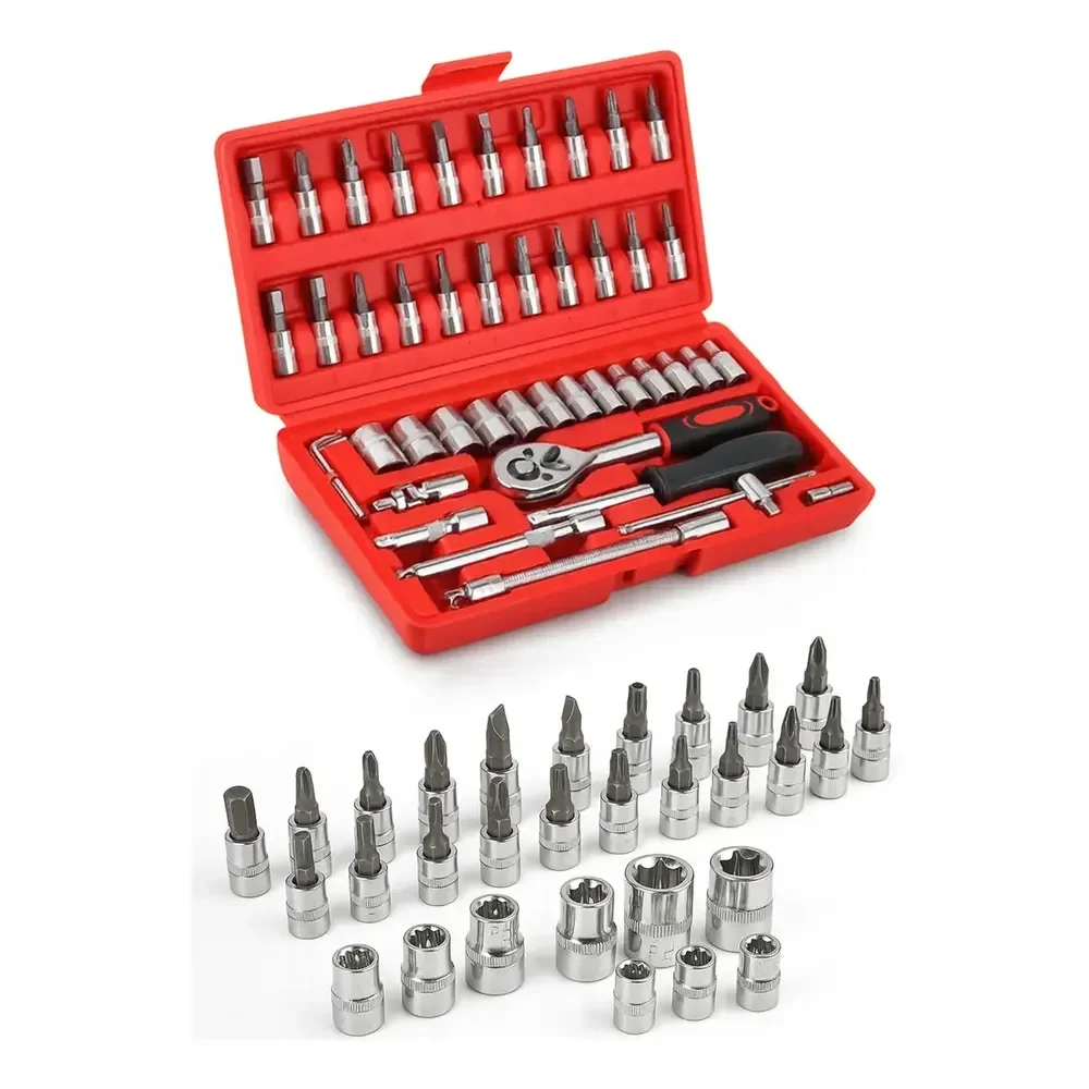 Kit 46 Ferramenta Jogo Chave Catraca Repara Moto Carros Vermelho