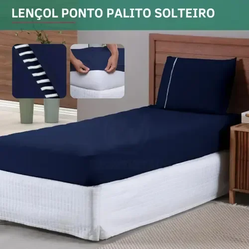 Jogo De Lençol 2 Peças Solteiro Micropercal 400 Fios C/ Fronha Ponto Palito Elástico Premium Extra Macio Resistente Cor Azul Marinho