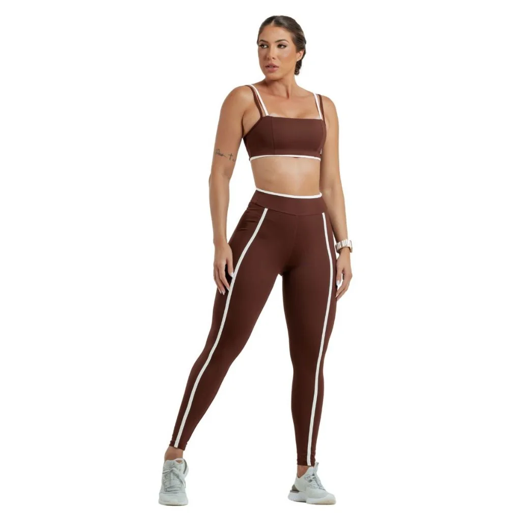 Conjunto Top + Calça Legging Cós Alto Zero Transparência Compressão Modelador UV50+ Academia