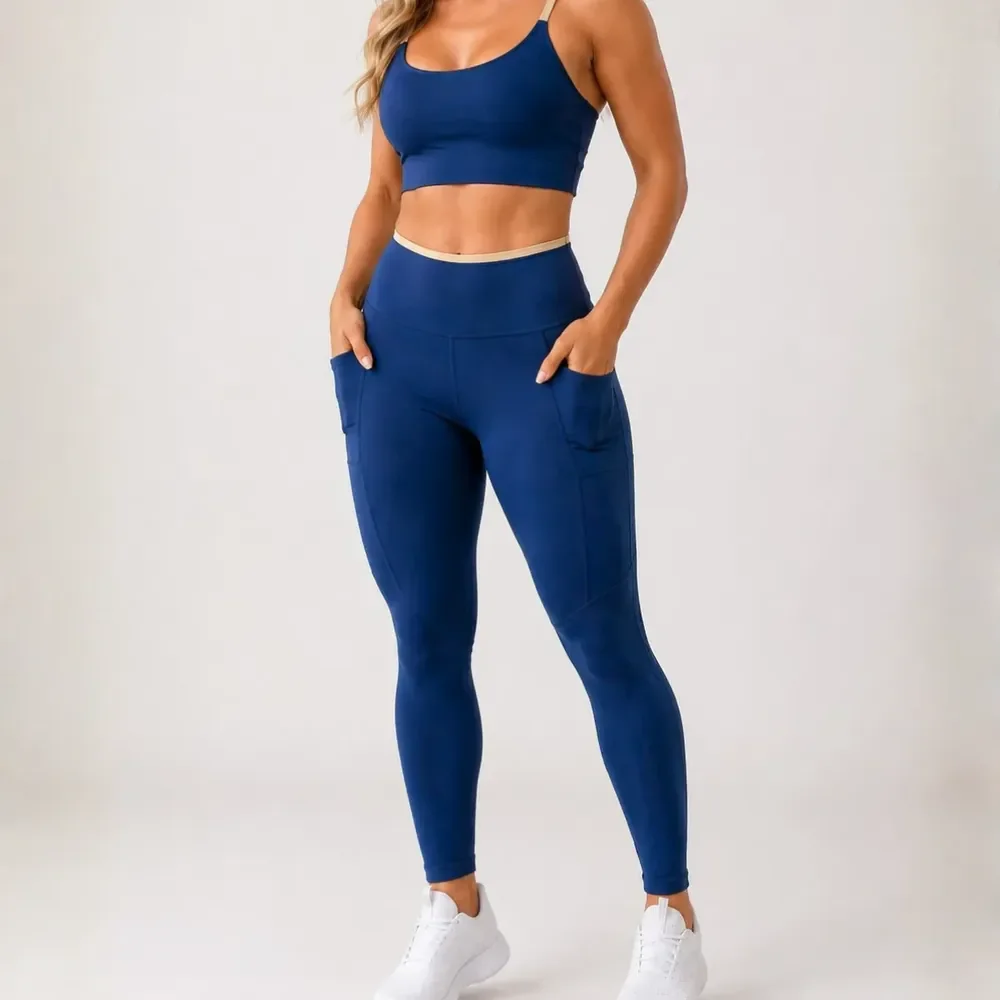 Conjunto Academia Top Calça Legging Fitness Roupa Kit Bolso Azul/areia Liso G 40/42