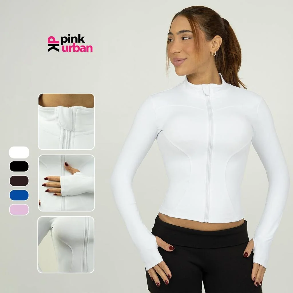 Jaqueta Fitness Poliamida Premium Zíper Fura Dedão Modelo Casaco Slim Pilates Academia