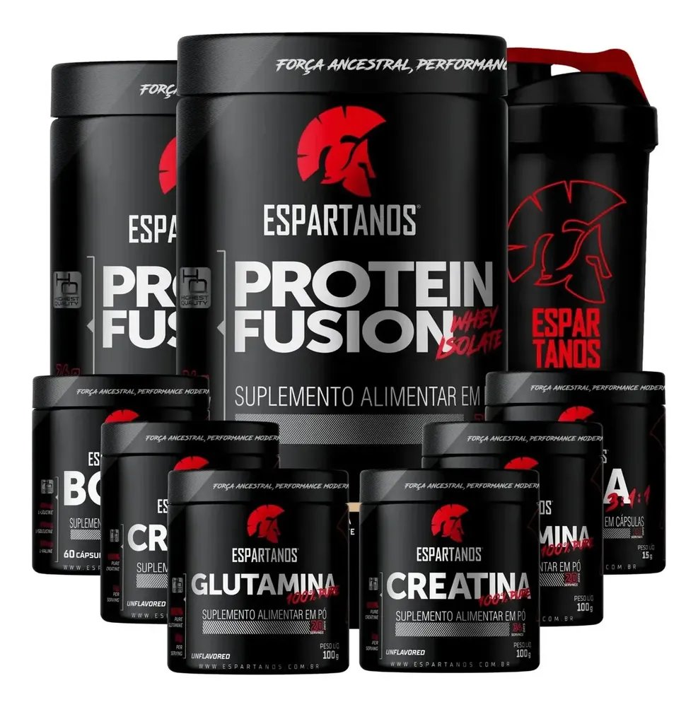 Kit 2x Whey Fusion + 2x Bcaa + 2x Crea + 2x Glutamina + Copo Sabor Chocolate + Chocolate