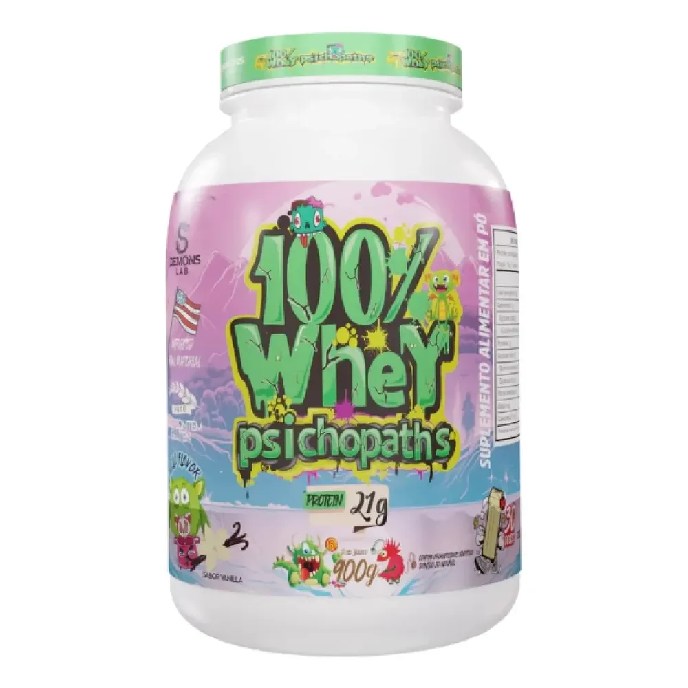 100% Whey Psichopaths Pote 900g Vanilla Demons Lab Morango