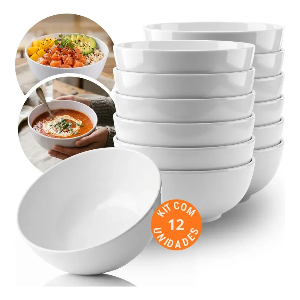 Kit 12 Bowl Grande 715ml Cumbuca Tigela Melamina Resistente Branco