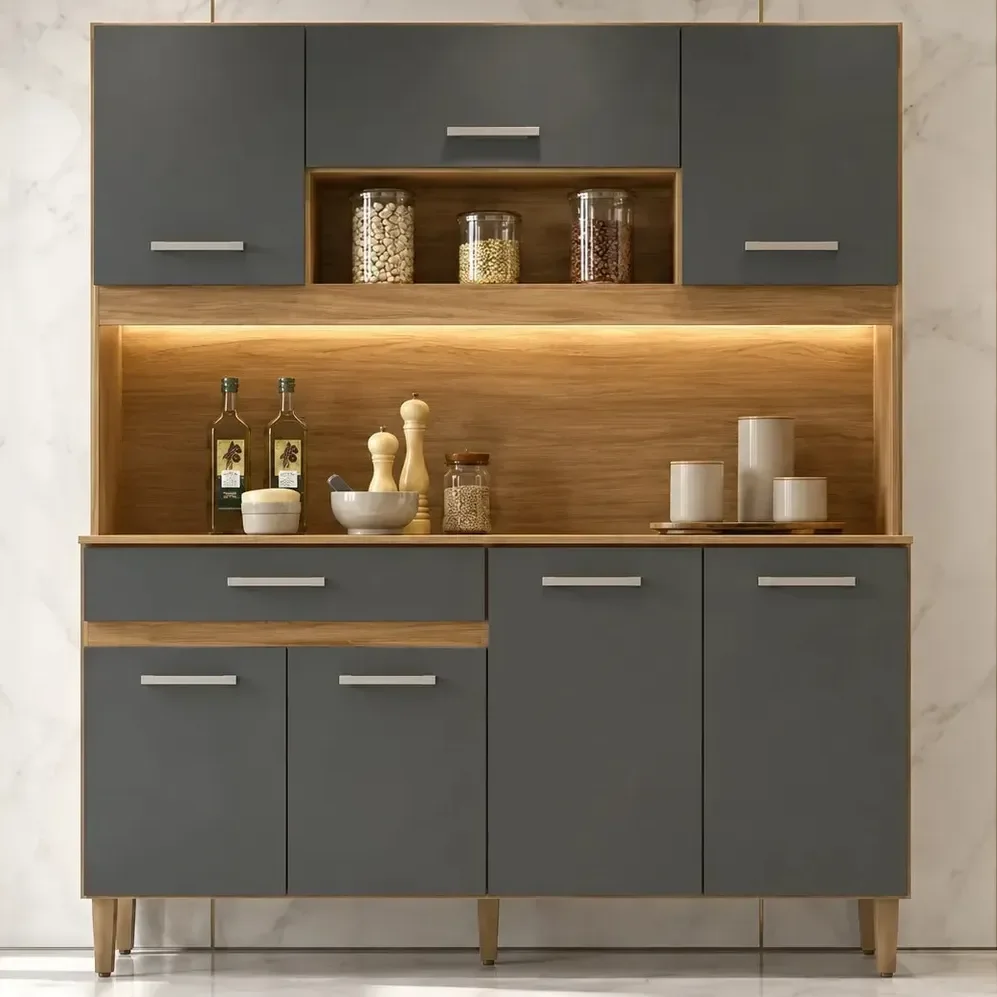 Kit Armário Gabinete Cozinha 7 Portas E 1 Gaveta Organizador Magazine Design Moderno Organizador Cor Freijó Chumbo