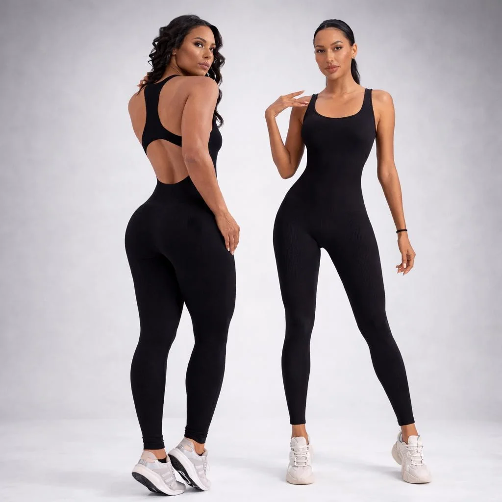 Macacão Longo Canelado Feminino Academia Fitness Zero Transparência Malha Premium
