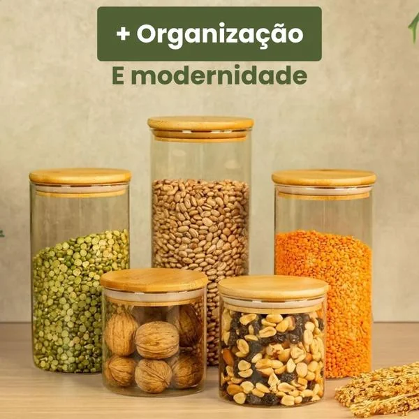 Pote de Vidro Hermético Transparente Kit 5 Potes Tampa Bambu