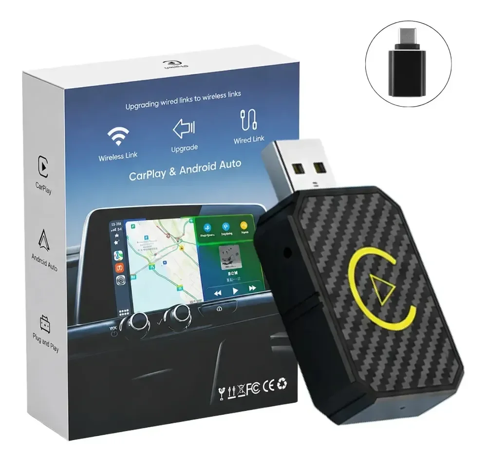 Adaptador Carplay Sem Fio Android Auto 2 Em 1 Usb Usb-c Wireless Plug play Automático Car play