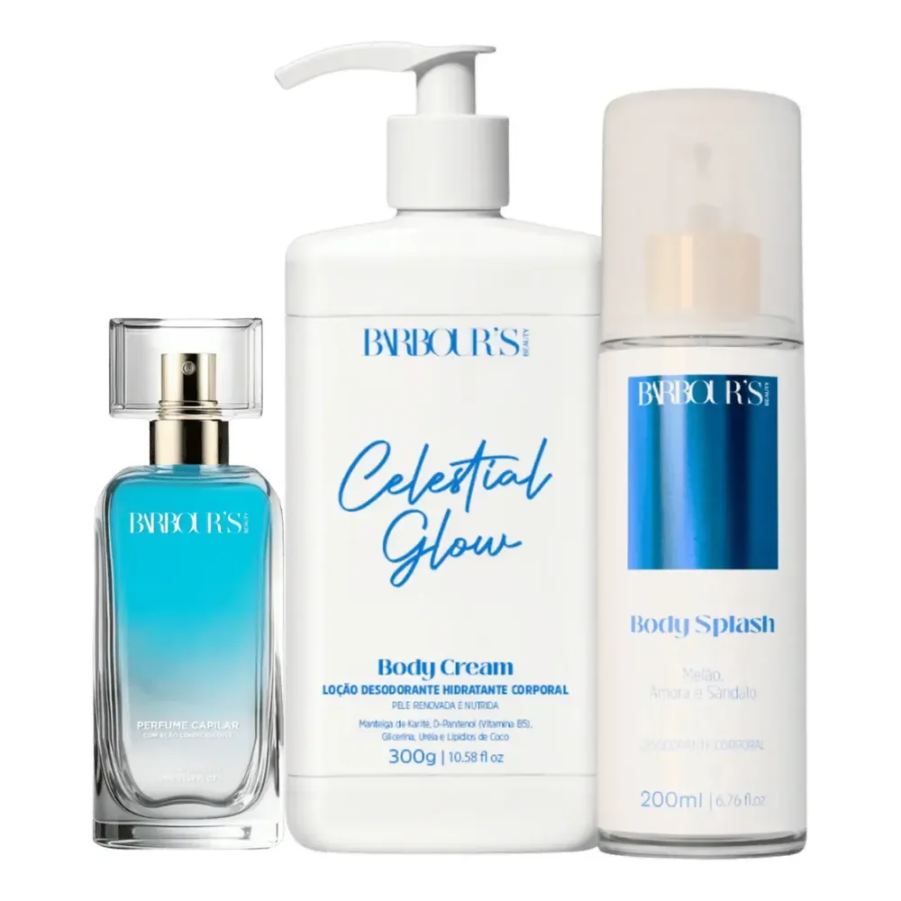 Kit Body Splash Hidratante Corporal Perfume Capilar Celestial Glow Barbour's Beauty