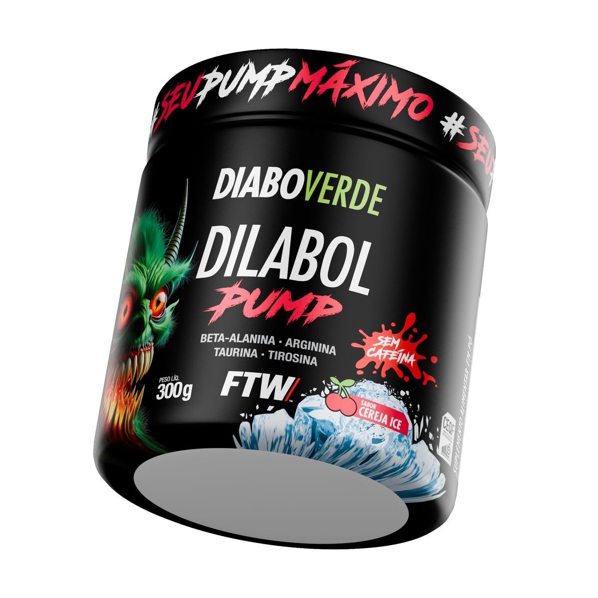 Pré Treino Dilabol Pump Sem cafeína Diabo Verde Pote 300g Sabor Cereja Ice - FTW Pré Workout com Beta-Alanina, Arginina, Taurina, Tirosina, Zinco e Cromo