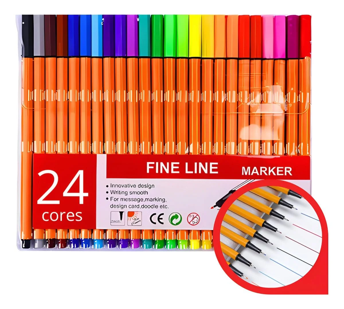 Kit Canetas Fine Line 0.4 mm 24 Cores Ponta Fina e Corpo Colorido