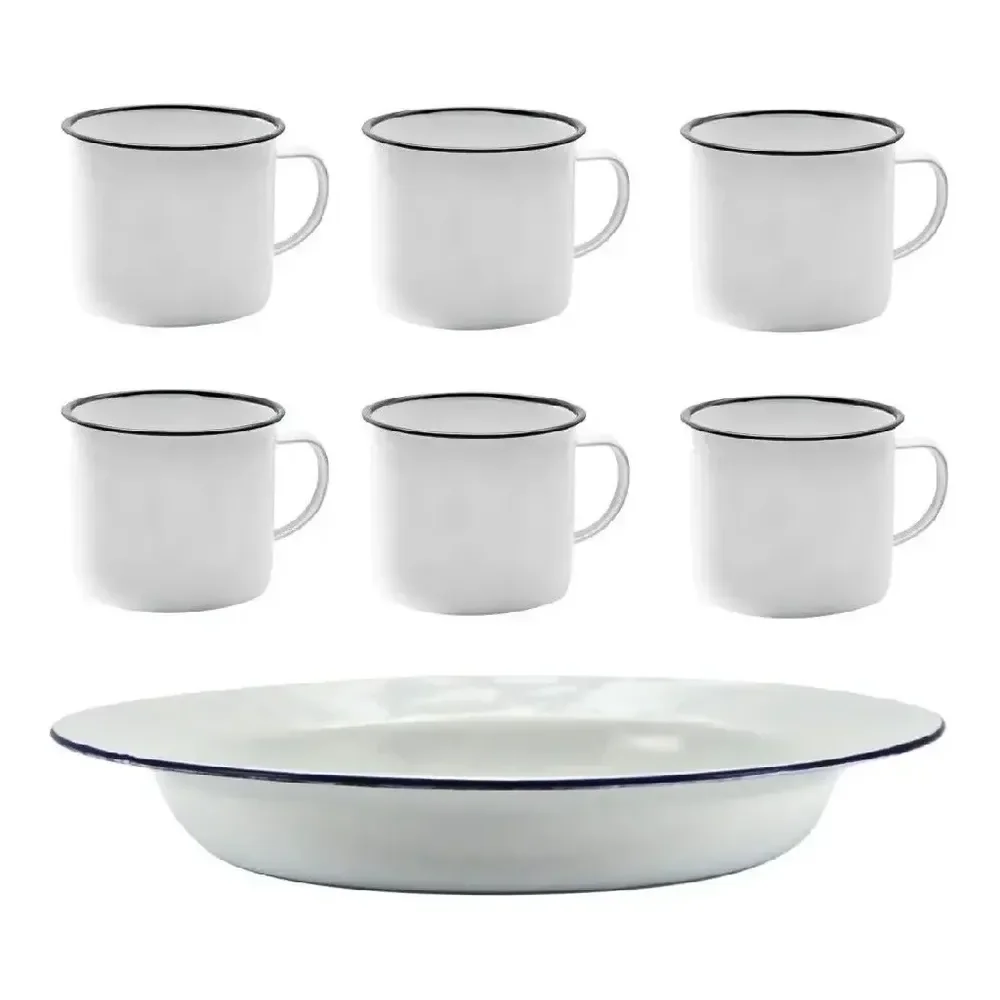 Kit 6 Pratos E 6 Canecas Esmaltados Brancos Alumínio Yazi Branco