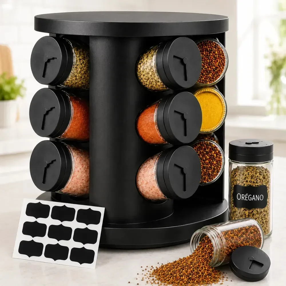 Porta Temperos Condimentos 9 Unidades Potes Vidro Base Giratória Preto Organizador Cozinha Dosador Sólar