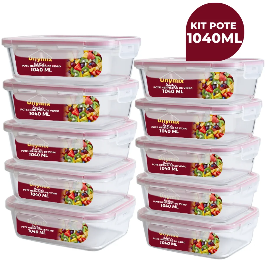 Kit 3/5/10 Potes Vidro Hermético 1040ml Retangular 4 Travas Marmita Premium