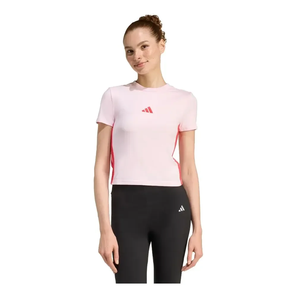 Camiseta Baby Look Essentials Três Listras Slim adidas Rosa / Clear Pink / Pure Ruby M