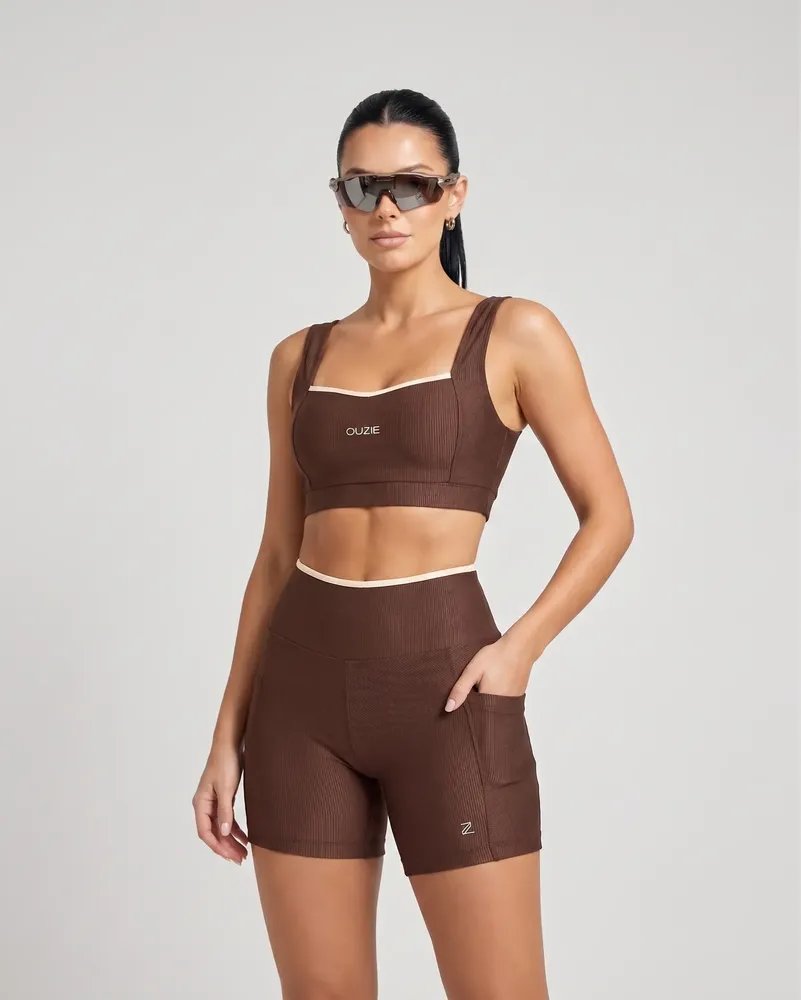 Conjunto Corrida Academia Top E Short Bolsos Correr Canelado Marrom Microcanelado G 42-44