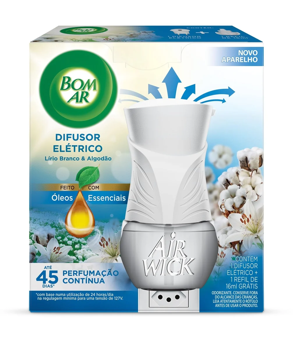 Difusor Elétrico Bom Ar Lirio Branco e Algodão Aparelho + Refil 16ml