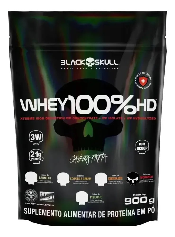 Whey Black Skull 100% Hd Refil 900g Caveira Preta Sabor Morango