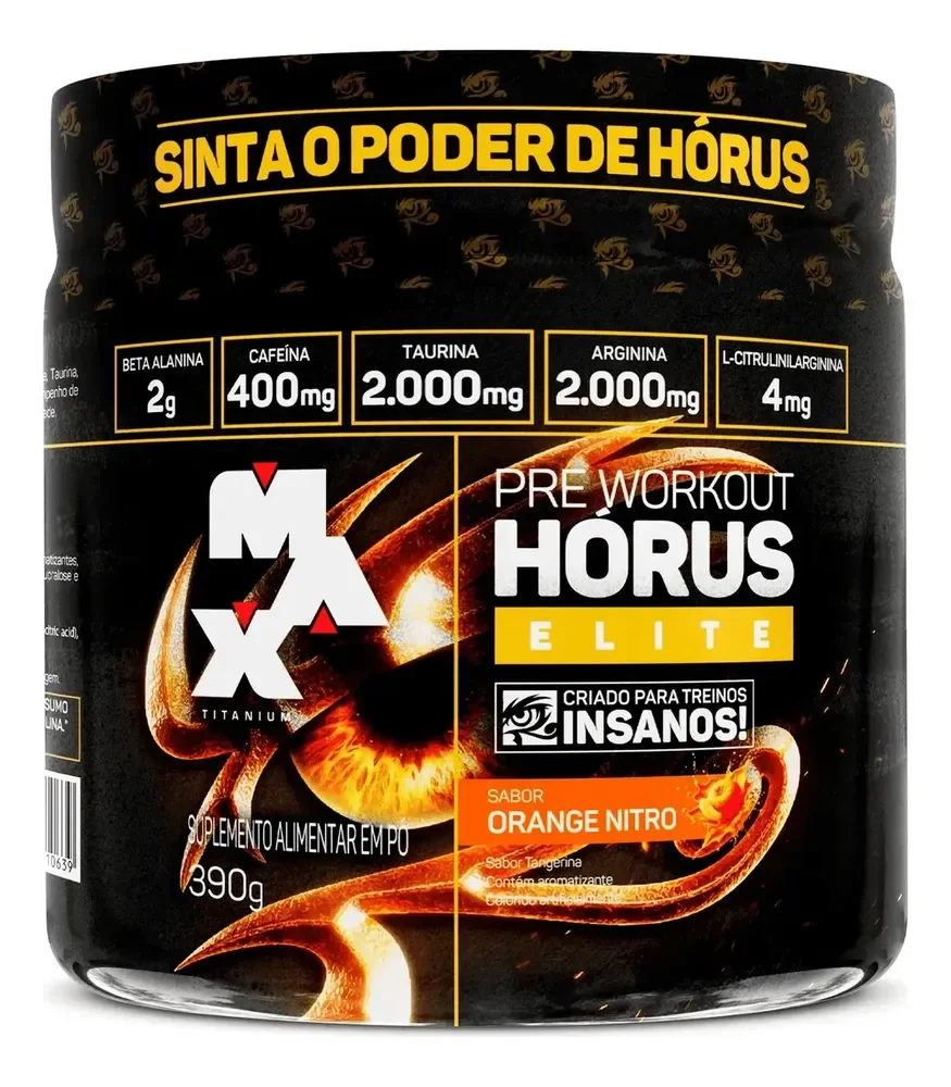 Horus Elite 390g Pré Treino 400mg Cafeína Pre Workout Max Titanium Sabor Tangerinaa